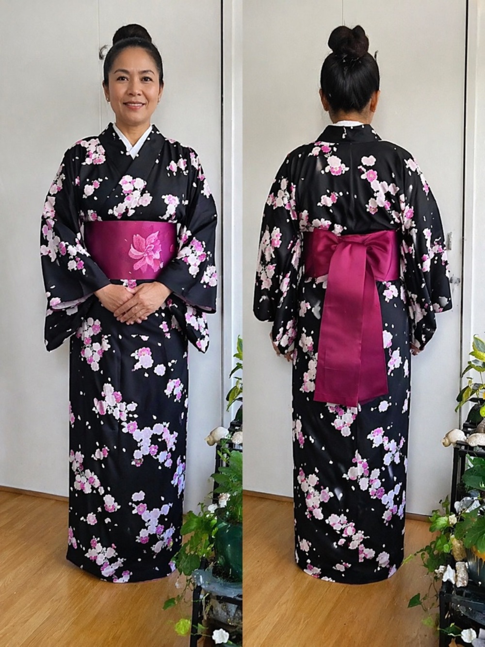 Women's Black Floral Kimono Robe with Fuchsia Obi Belt